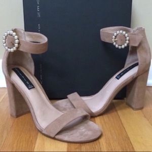 Steven by Steve Madden ‘Elm’ Blush Suede Pearl Embellished Ankle Strap Sandals